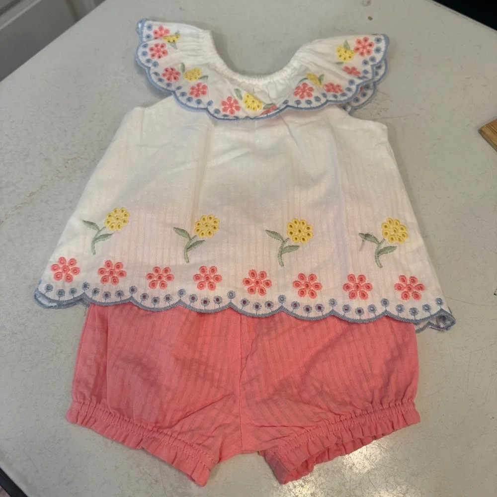 Little Me Outfit Set Romper Baby Girls 6M Pink White Floral Plaid Seersucker 3pc